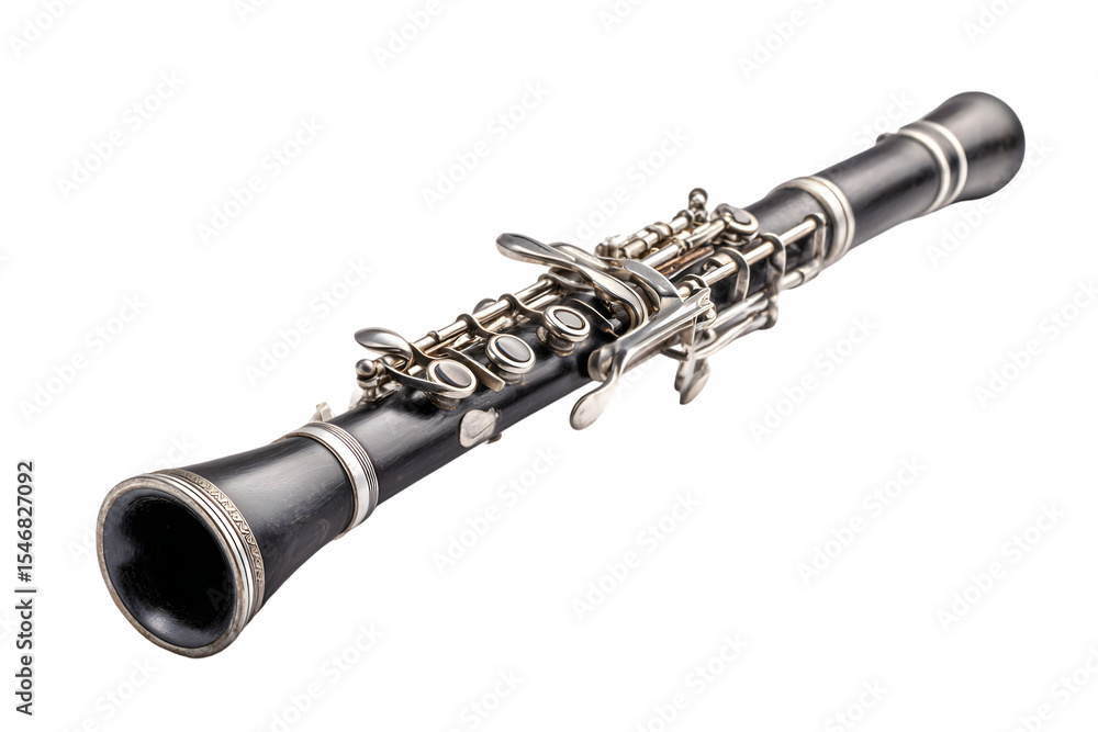 Naklejka premium Antique black clarinet musical instrument silver keys detail closeup art on transparent background