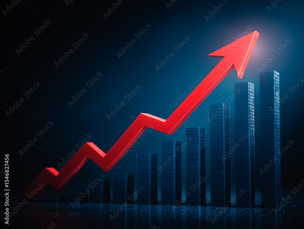 A rising trend is illustrated by the steady growth dark blue bars paired with a bold red arrow symbolizing progress and success, generated image A rising trend is illustrated by the steady growth dark blue bars paired with a bold red arrow symbolizing progress and success, generated image