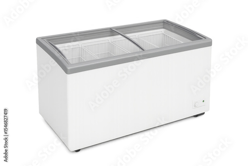 White commercial ice cream display freezer with transparent lid on transparent background