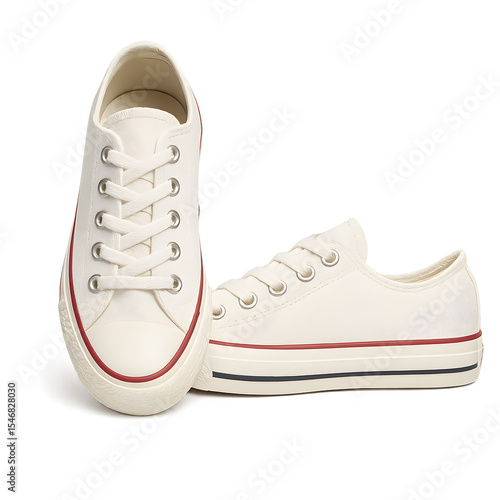 Pair of off-white canvas low-top sneakers – front and side views – isolated product photograph on white background
