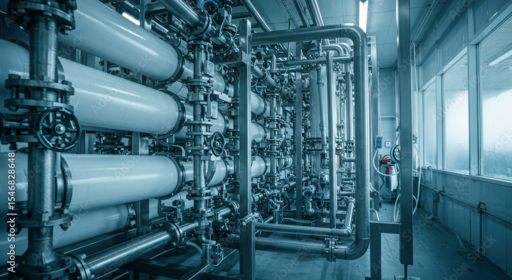 industrial reverse osmosis system in modern water treatment plant with high-tech pipes and valves. efficient equipment for water purification and filtration processes. industrial reverse osmosis system in modern water treatment plant with high-tech pipes and valves. efficient equipment for water purification and filtration processes.