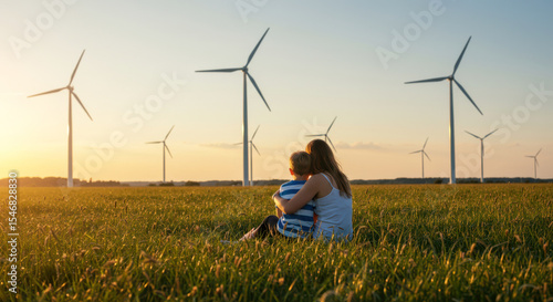 Wallpaper Mural mother and child sit together in grassy field with wind turbines at sunset, showcasing renewable energy and family connection. encompasses sustainability, nature, and future hopes Torontodigital.ca
