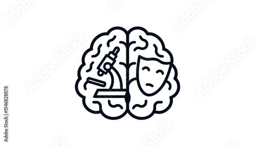 an illustration of the brain with a microscope and a mask symbolizing the division of the brain into creative and analytical parts