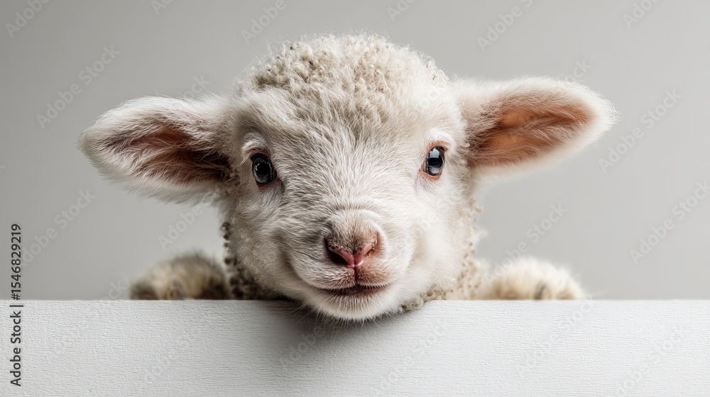 Fototapeta premium Adorable baby lamb portrait photography close up of cute animal face fluffy wool farm animal pet photography