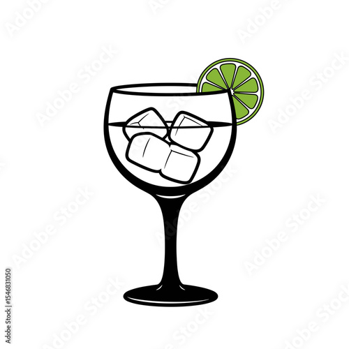 Gin and tonic with lime slice and ice, minimalistic design, copy space
