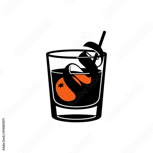 Negroni cocktail with orange twist and garnish, minimalistic design, copy space
