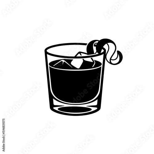 Negroni cocktail with orange peel twist and ice, minimalistic design, copy space