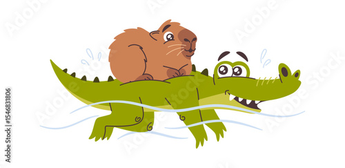 Crocodile and capybara friend swimming