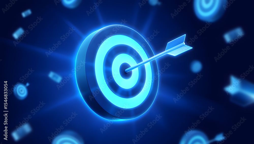 Fototapeta premium Achieving Goals A 3D Render of a Bullseye Target with an Arrow Hitting the Center, Illuminated with Neon Blue Light Against a Dark Background, Representing Precision, Accuracy, and Strategic Focus