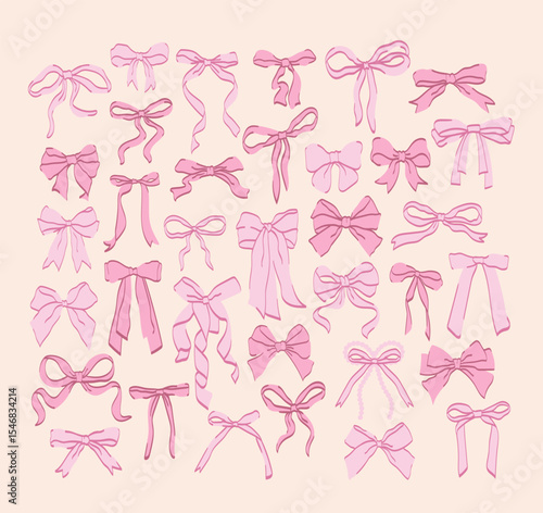Cute coquette ribbon bow collection. Hand drawn ribbon decoration. Coquette aesthetic.