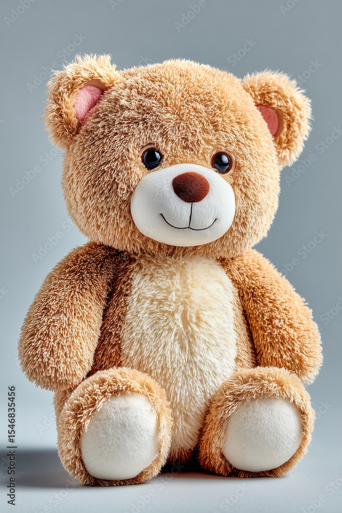 Obraz premium A soft brown teddy bear sitting upright on a pure white background, isolated 