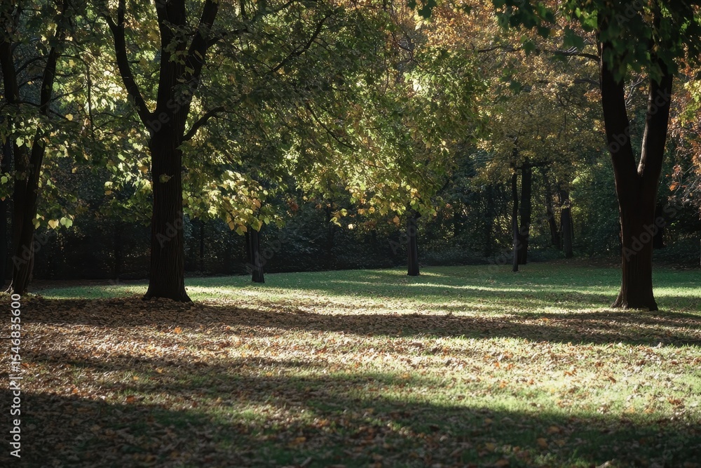 Naklejka premium Sun drenched autumn park with vibrant trees and a carpet of fallen leaves, Sunlit trees in autumn park, fallen leaves on grass