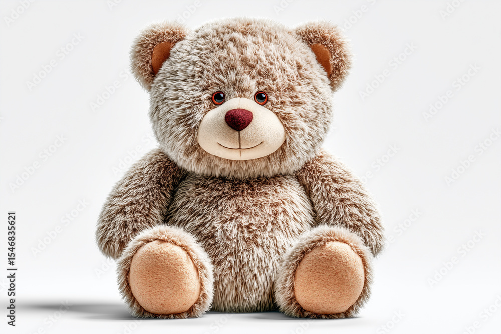 Obraz premium A soft brown teddy bear sitting upright on a pure white background, isolated 
