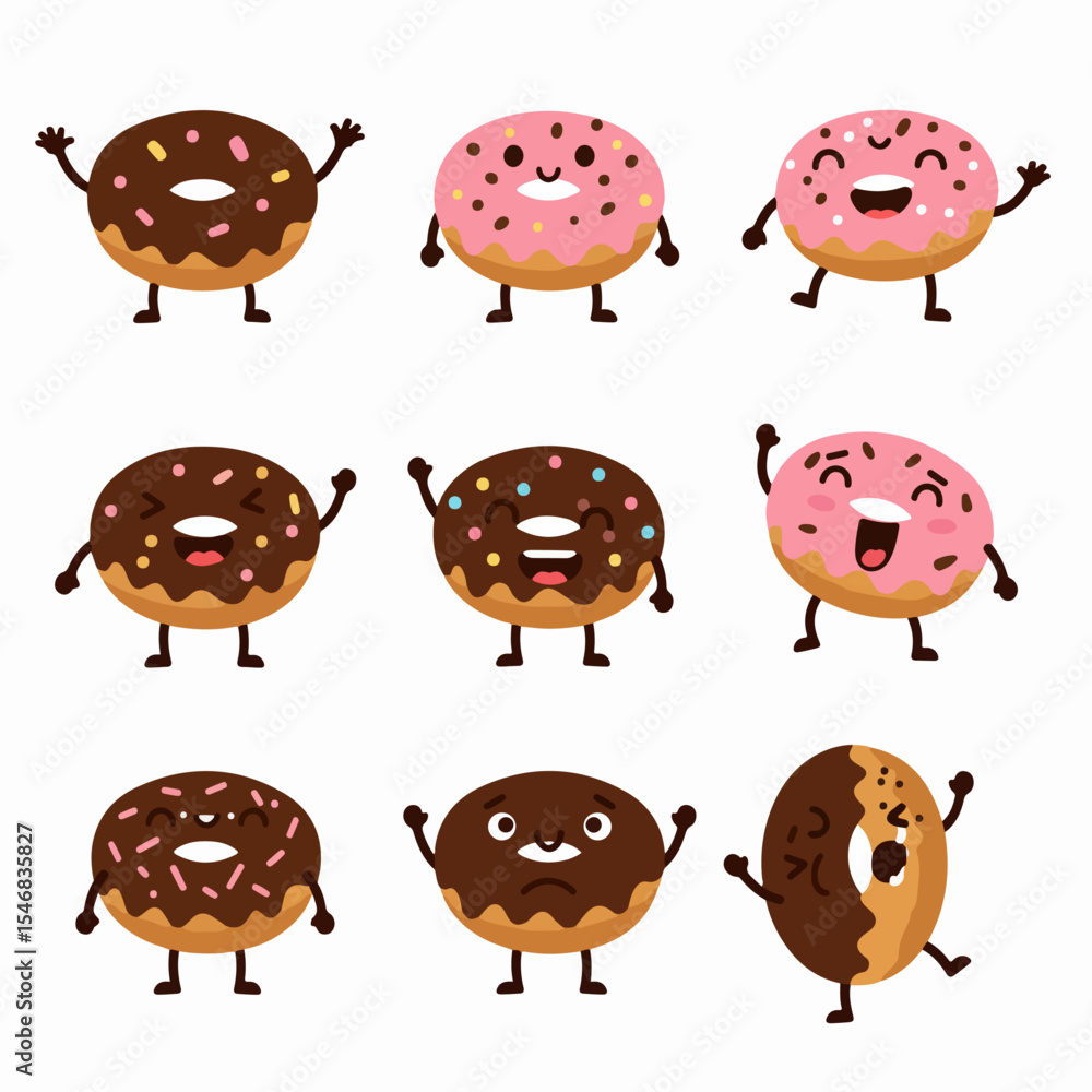 Naklejka premium Donut characters with expressions, happy sweet food