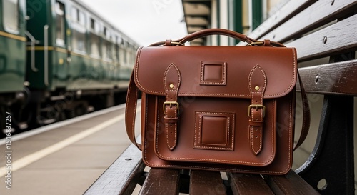 Elegant leather satchel on a train platform bench evokes vintage travel charm