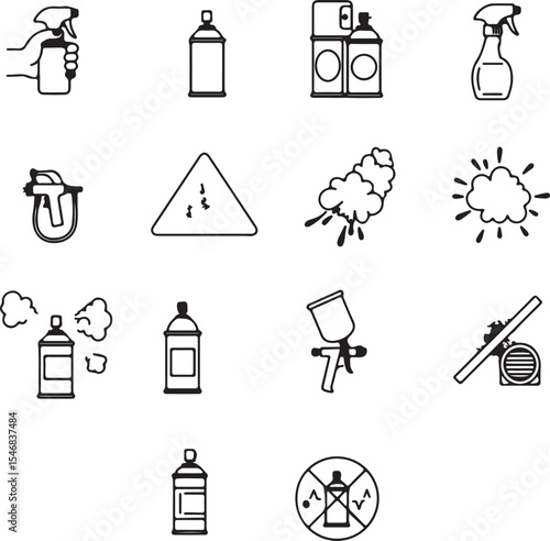 Collection of Painting and Spraying Tools Depicted in Minimalist Black and White Line Art Style for Artistic and Industrial Concepts
