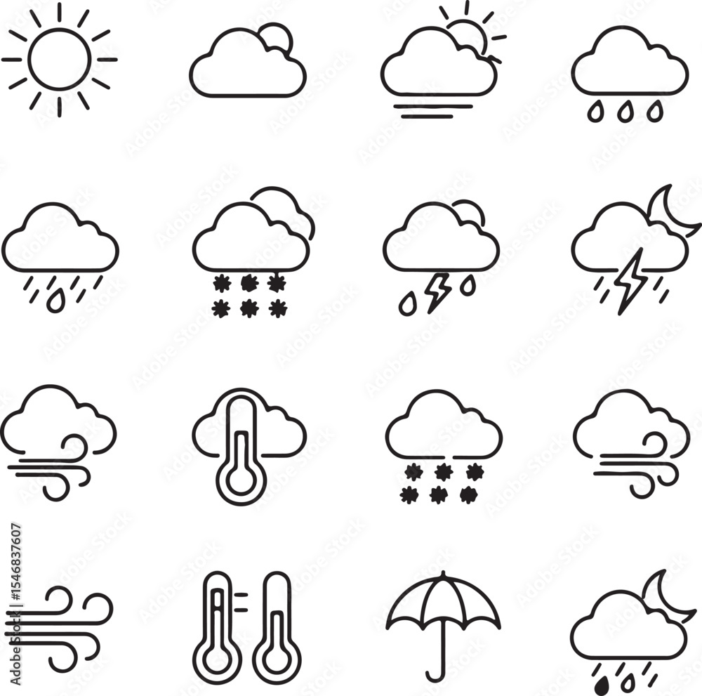 Weather Icon Set Displaying Various Conditions Including Sunshine, Clouds, Rain, Snow, Wind, Temperature, and Thunderstorms Portrayed with Simple Line Drawings Weather Icon Set Displaying Various Conditions Including Sunshine, Clouds, Rain, Snow, Wind, Temperature, and Thunderstorms Portrayed with Simple Line Drawings