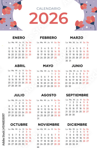 calendario 2026 con flores