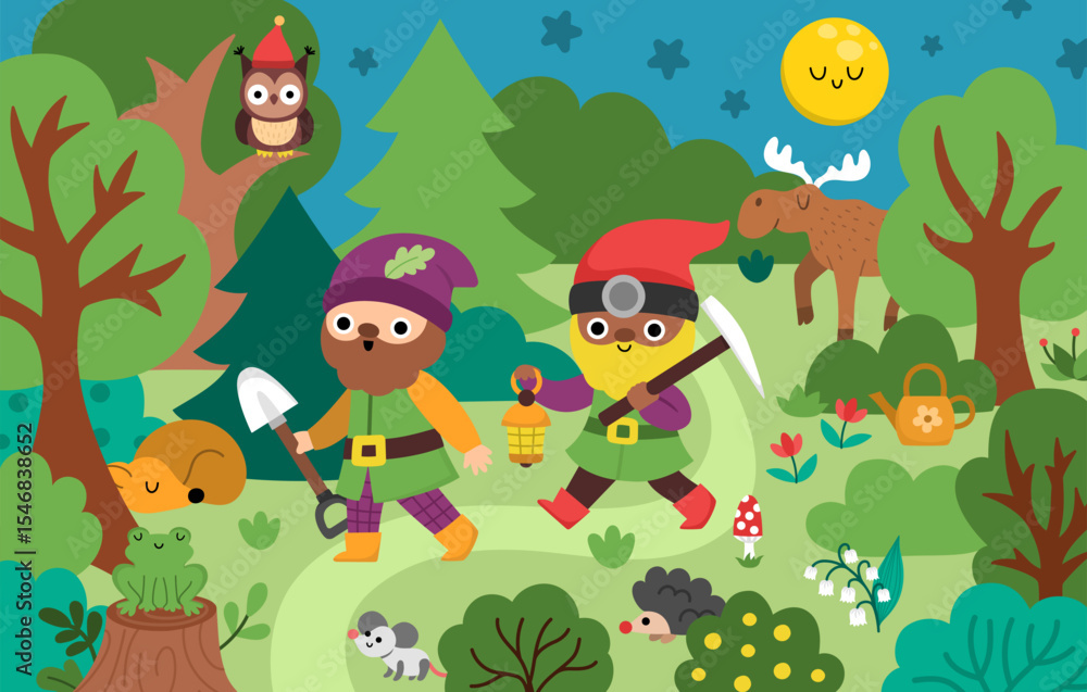 Naklejka premium Vector horizontal scene with dwarfs going through night forest with shovel and lantern. Cute gnome country landscape. Woodland, fantasy forest background with tree, owl, sleeping animals