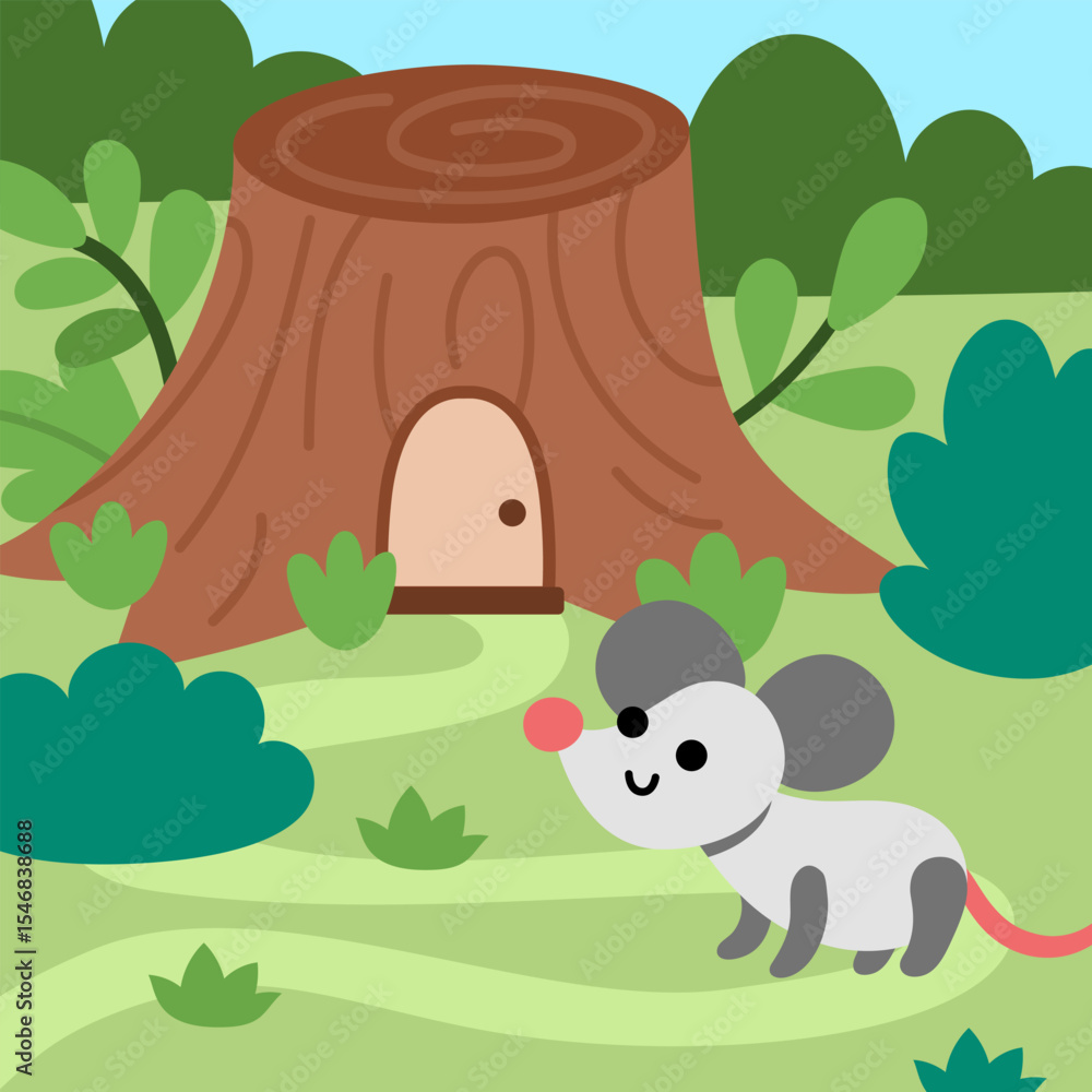 Naklejka premium Vector square scene with mouse standing near little dwarf house shaped as tree stump. Woodland landscape with gnome home and animal. Magic forest background with fantasy cozy cottage