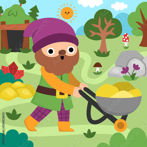 Vector square scene with dwarf with wheelbarrow with gold, mine pit cave entrance, treasure. Cute landscape with gnome miner. Woodland, fantasy forest background with magic creature
