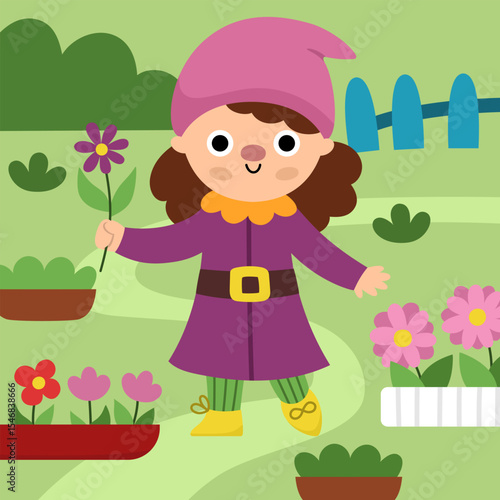 Vector square scene with garden dwarf girl with flower beds. Cute landscape with feminine gnome gardener. Woodland, fantasy forest background with magic creature