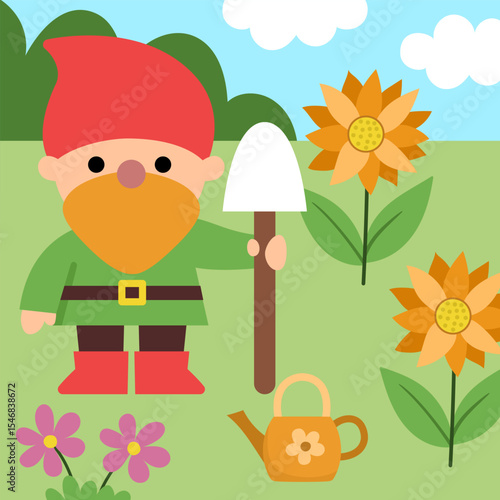 Vector square scene with little garden dwarf with shovel, flower field, sunflowers. Cute landscape with gnome gardener. Woodland, fantasy forest background with magic creature