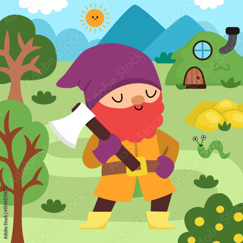 Vector square scene with dwarf with axe, little hill house, gold and nature. Cute landscape with gnome miner, worker or lumberjack. Woodland, fantasy forest background with magic creature