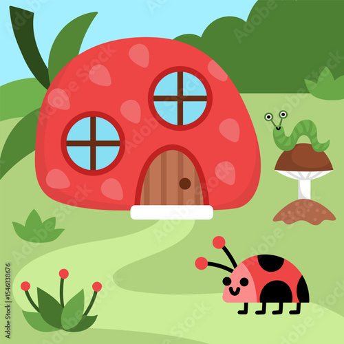Vector square scene with ladybug standing near little dwarf house shaped as strawberry. Woodland landscape with gnome home, insect. Magic forest background with fantasy cozy cottage