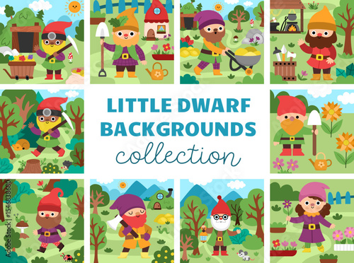Vector square scenes collection with garden, miner, blacksmith, wise man and girl dwarf. Cute collection of landscapes with gnomes. Woodland, fantasy forest background with magic creatures