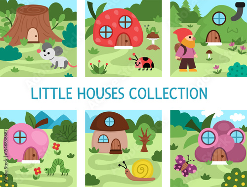 Vector square scenes set with animals and dwarf houses shaped as apple, mushroom, berry. Woodland landscape with gnome homes. Magic forest backgrounds set with fantasy cozy cottages
