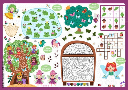 Vector fairyland placemat. Woodland fairy printable activity mat with maze, crossword puzzle, shadow match, find difference. Cute fairytale play mat, menu, kids magazine spreadsheet
