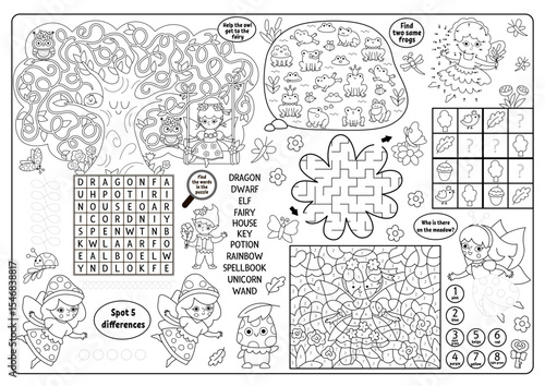 Vector black and white fairyland placemat. Woodland fairy line printable activity mat with maze, wordsearch puzzle, shadow match, find difference. Cute fairytale play mat, coloring page