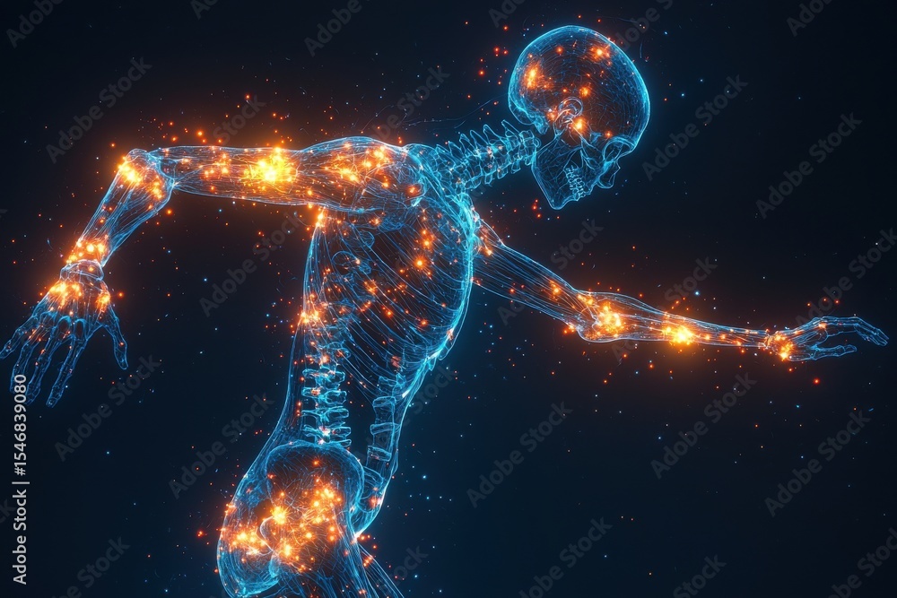 Naklejka premium Digital representation of a human skeleton in a moving posture with glowing nodes