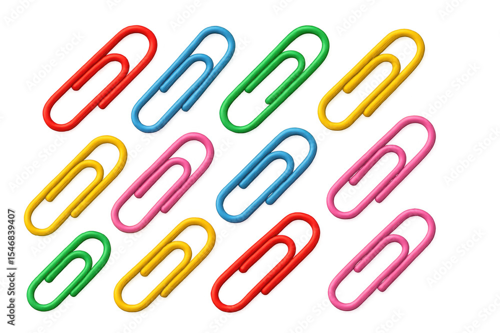 Multicolored paperclips scattered on clear surface, offering bright organizational solution for simple document management Multicolored paperclips scattered on clear surface, offering bright organizational solution for simple document management