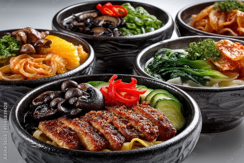 Variety of Asian-inspired dishes in black bowls with fresh ingredients Variety of Asian-inspired dishes in black bowls with fresh ingredients
