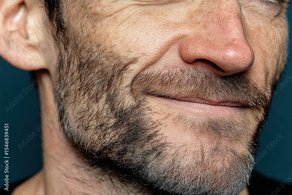 Obraz premium Close-up of a smiling bearded man's lower face with stubble