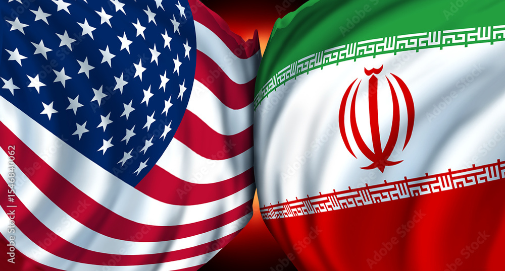 Obraz premium Iran USA Conflict as United States and Iranian military symbol as a middle east crisis with Washington government and Tehranforeign policy with the US ad Iranians war with two flags symbols fighting.