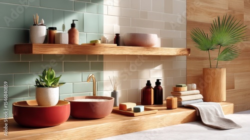 Wallpaper Mural Minimalist bathroom setting with wooden decor and modern green accents Torontodigital.ca