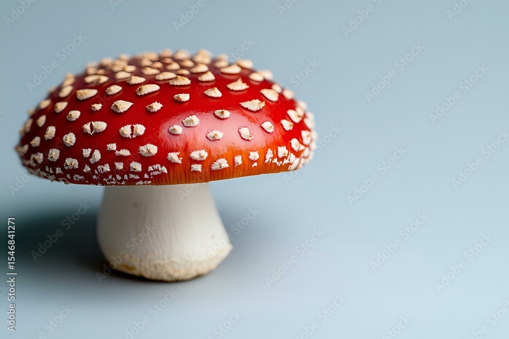 Obraz premium Red and white spotted mushroom amanita muscaria macro photography against light blue background, showing detailed texture of fungus cap and stem.
