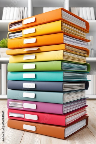 Wallpaper Mural Stack of colorful office folders with labels on a wooden desk Torontodigital.ca