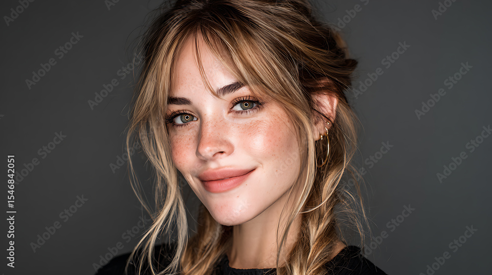 Portrait of beautiful woman with blonde hair and braids looking at camera in studio setting neutral background Portrait of beautiful woman with blonde hair and braids looking at camera in studio setting neutral background