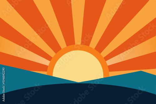 Sunny nature landscape with orange rays of light from the sunset over the mountains