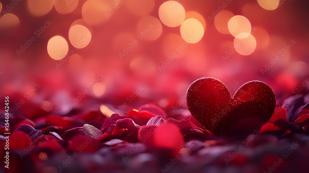 Red velvet heart on romantic blurred background with bokeh lights and scattered decorative elements creating dreamy Valentine's Day atmosphere. Red velvet heart on romantic blurred background with bokeh lights and scattered decorative elements creating dreamy Valentine's Day atmosphere.
