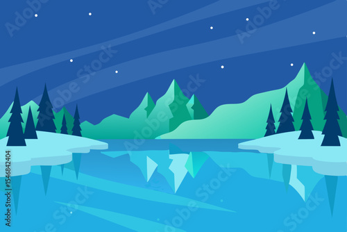 
A snowy winter mountain landscape with pine trees, a cozy house, and a starry night sky, perfect for Christmas holiday cards