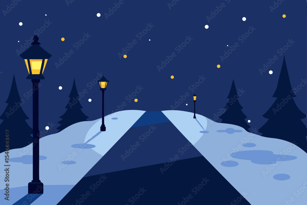 Fototapeta premium Snowy winter night landscape with a festive Christmas tree under a starry sky