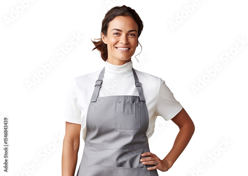 Portrait of a smiling woman wearing a cooking apron in the kitchen on a transparent background