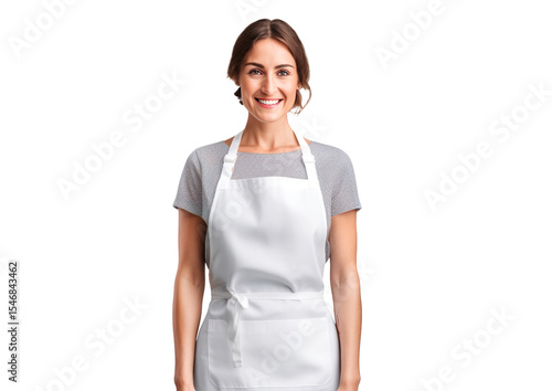Portrait of a smiling woman wearing a cooking apron in the kitchen on a transparent background