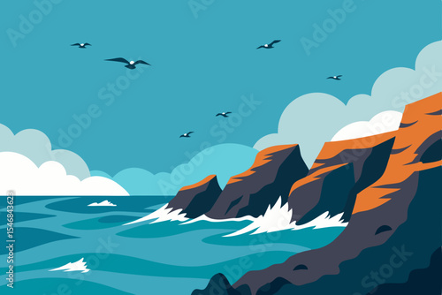 Blue ocean waves gently crash against a sandy beach, with a lone island and majestic mountains under a summer sky adorned with fluffy clouds, creating a serene natural landscape illustration