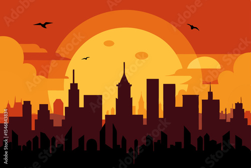 Urban cityscape silhouette at sunset with towering buildings against the night sky, a striking vector illustration of city architecture